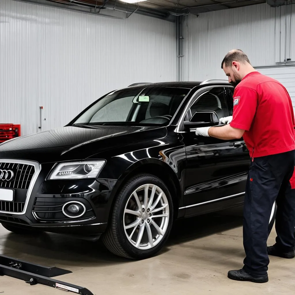 Audi Q5 being repaired in a garage