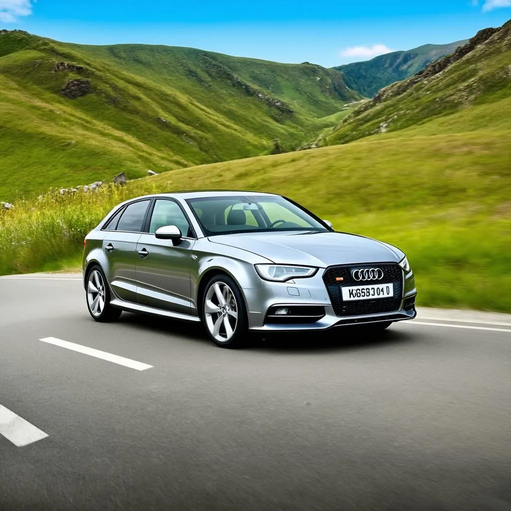 Audi S3 driving on a mountain road