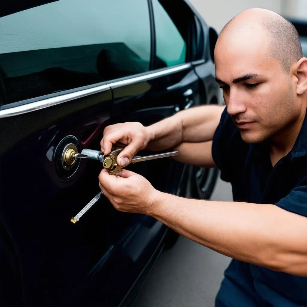 Automotive locksmith working on a car door lock