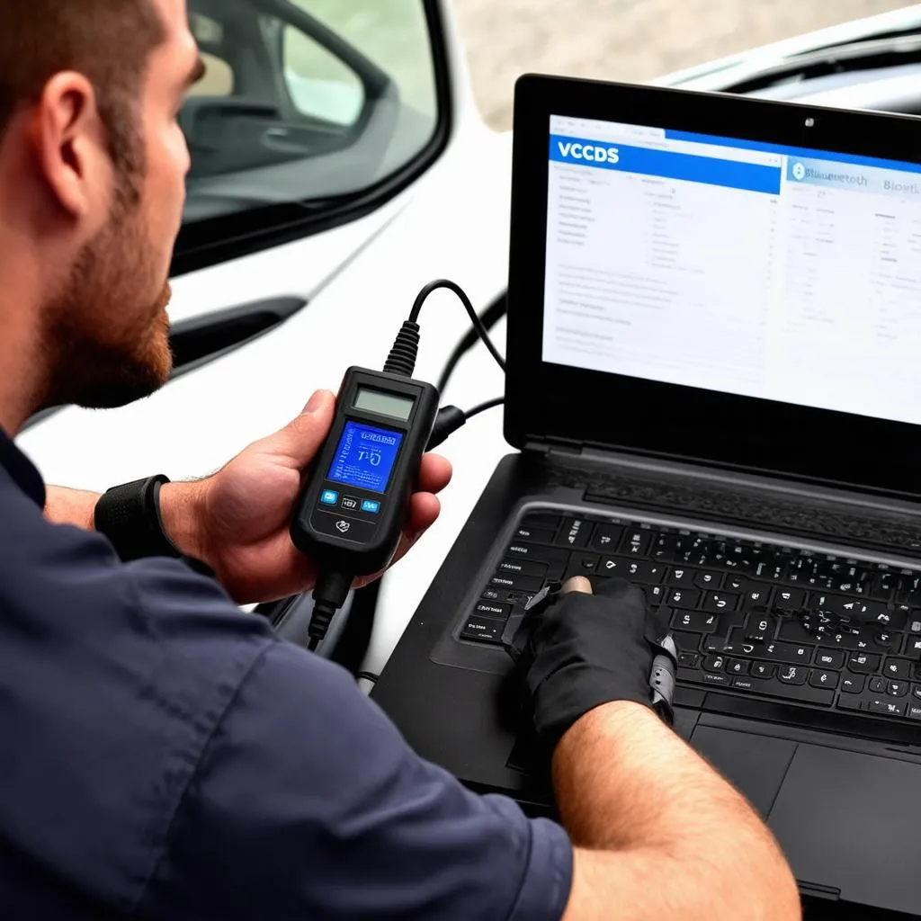 Mechanic using a Bluetooth OBD VCDS scanner to diagnose a car's engine