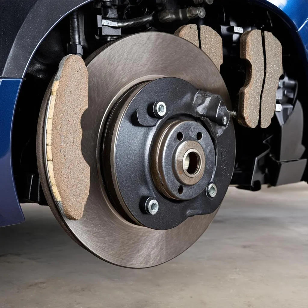 Close-up of brake pads and rotors