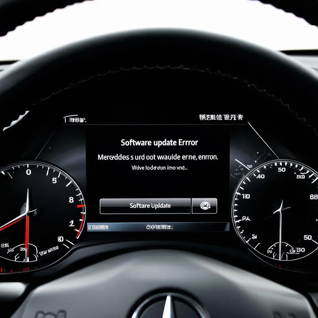 A car dashboard with an error message displayed on the screen