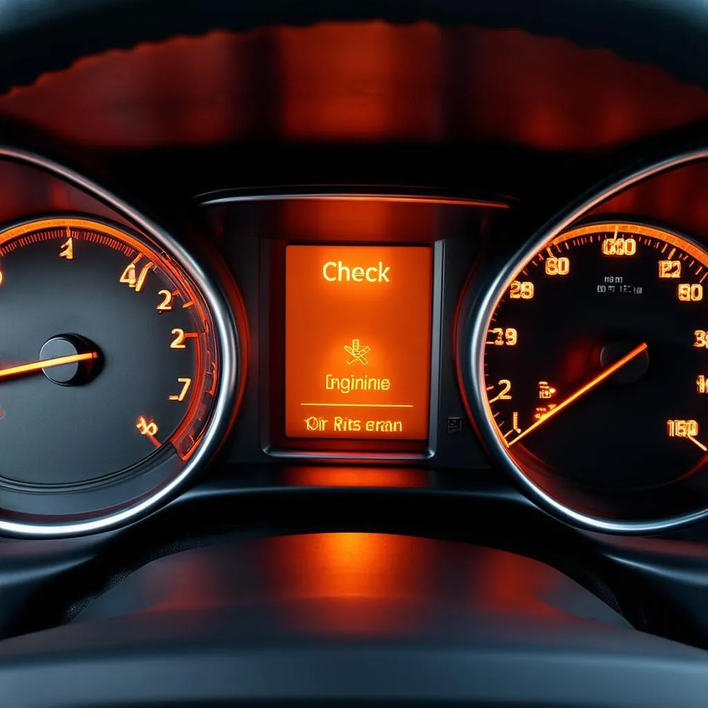 Car dashboard with illuminated check engine light