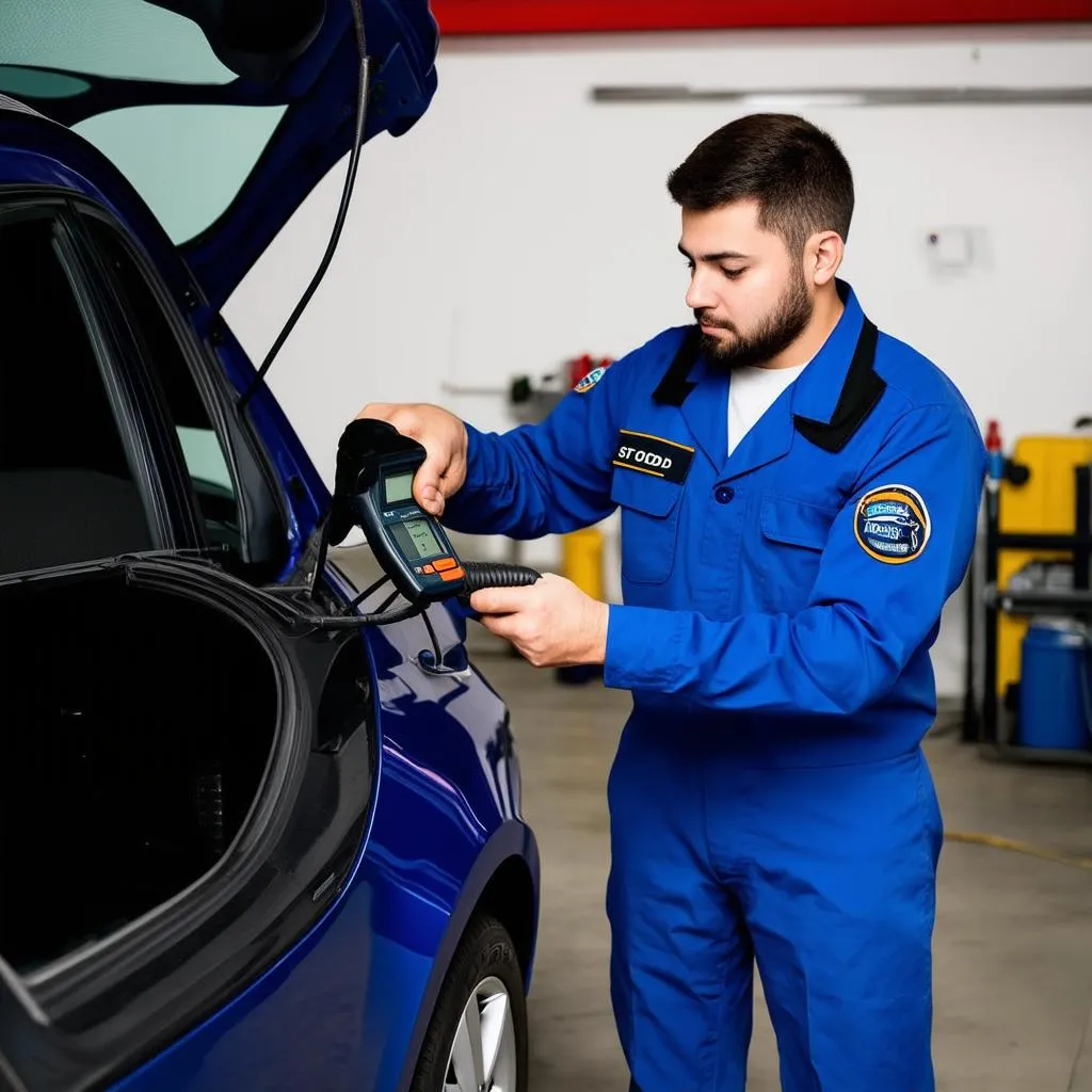 Mechanic using a diagnostic tool on a car