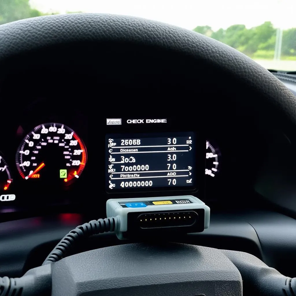 car diagnostics tool connected to a car's computer system