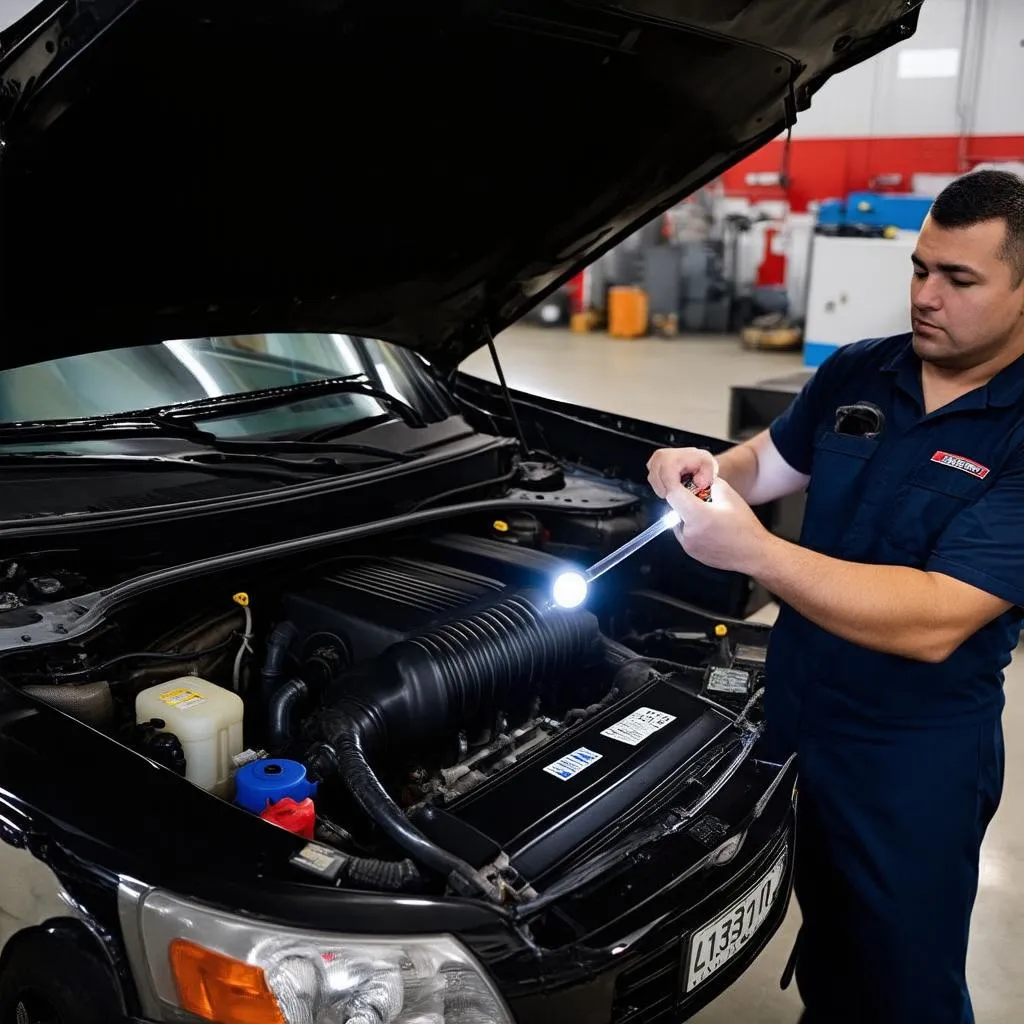 Mechanic checking the engine bay of a car