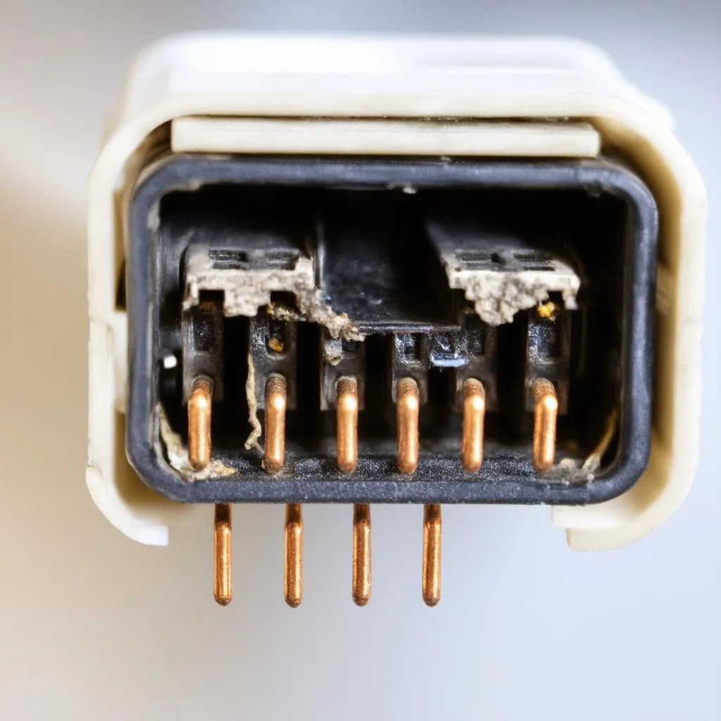 Close-up image of a damaged connector with bent pins and corrosion.