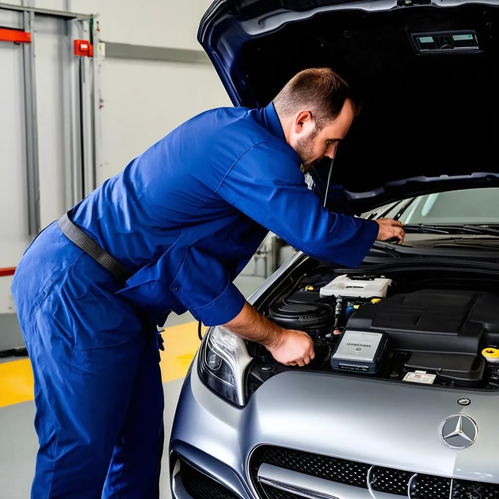 Mechanic using a diagnostic scanner on a European car