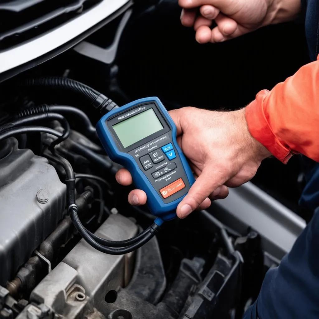 Mercedes diagnostic tool plugged into a car's OBD-II port