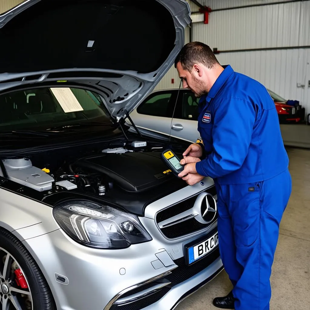 Mechanic using a diagnostic tool