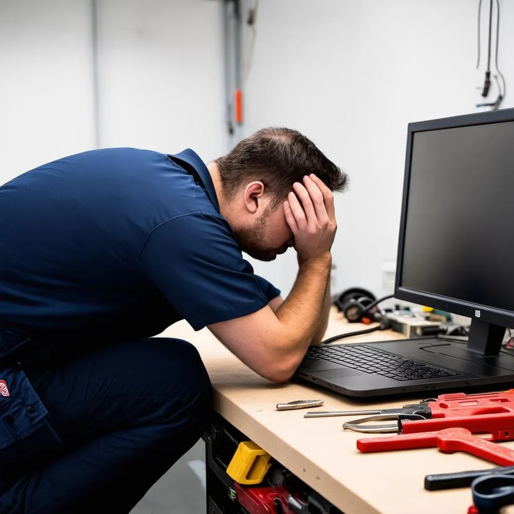 Frustrated Mechanic Using Computer