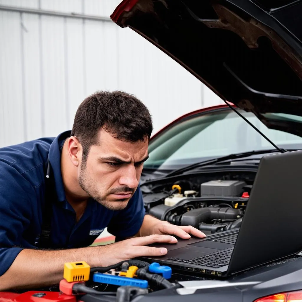 Frustrated mechanic working on a car