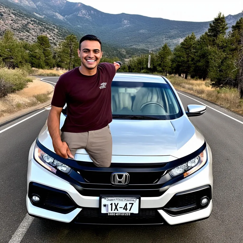 A happy Honda owner standing next to their car