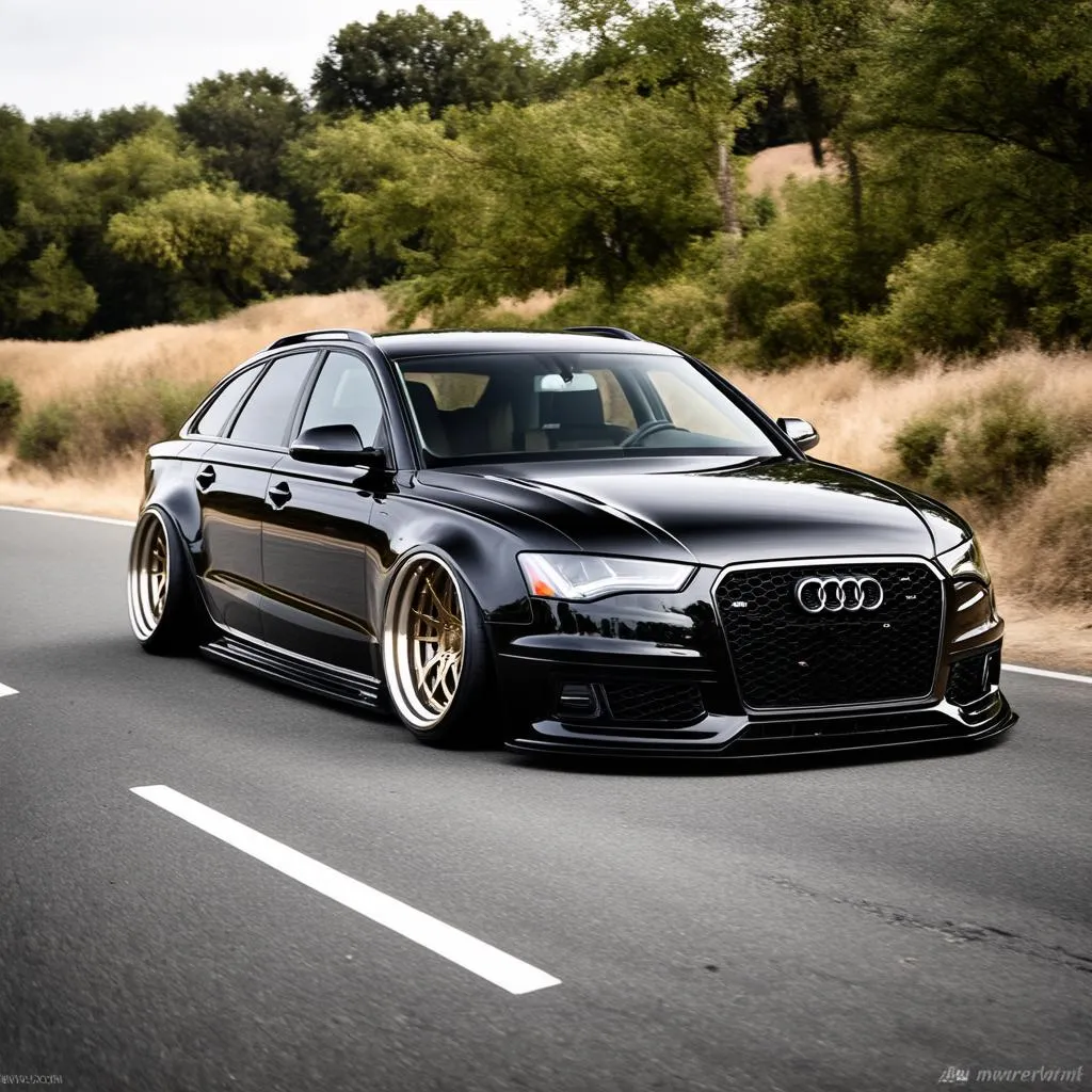 Black Audi S6 lowered with aftermarket wheels. The car is driving down a scenic road.