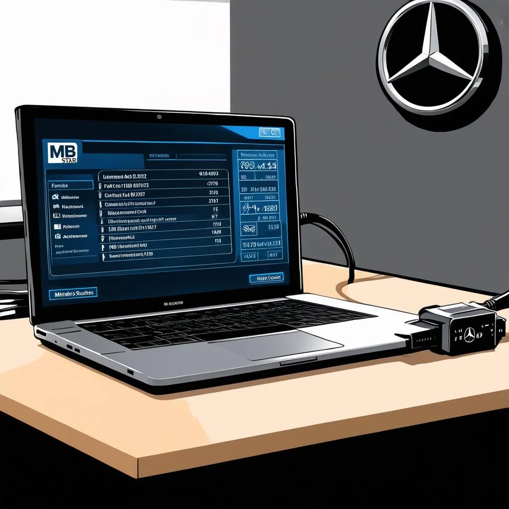 A laptop showing a diagnostic interface for a Mercedes-Benz