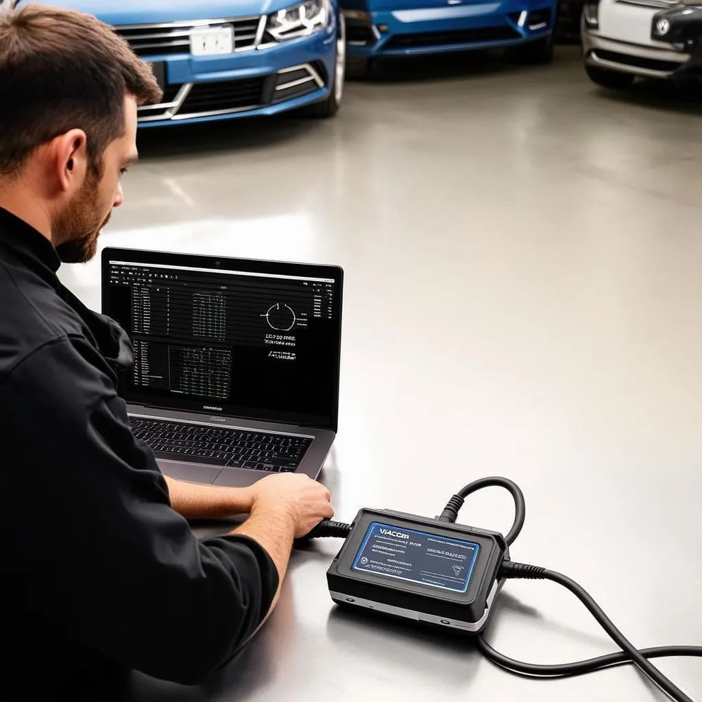 A mechanic is using a VAGCOM cable to diagnose a problem on a VW Passat