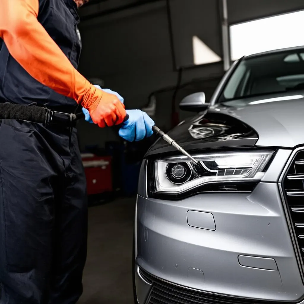 Mechanic adjusting headlights