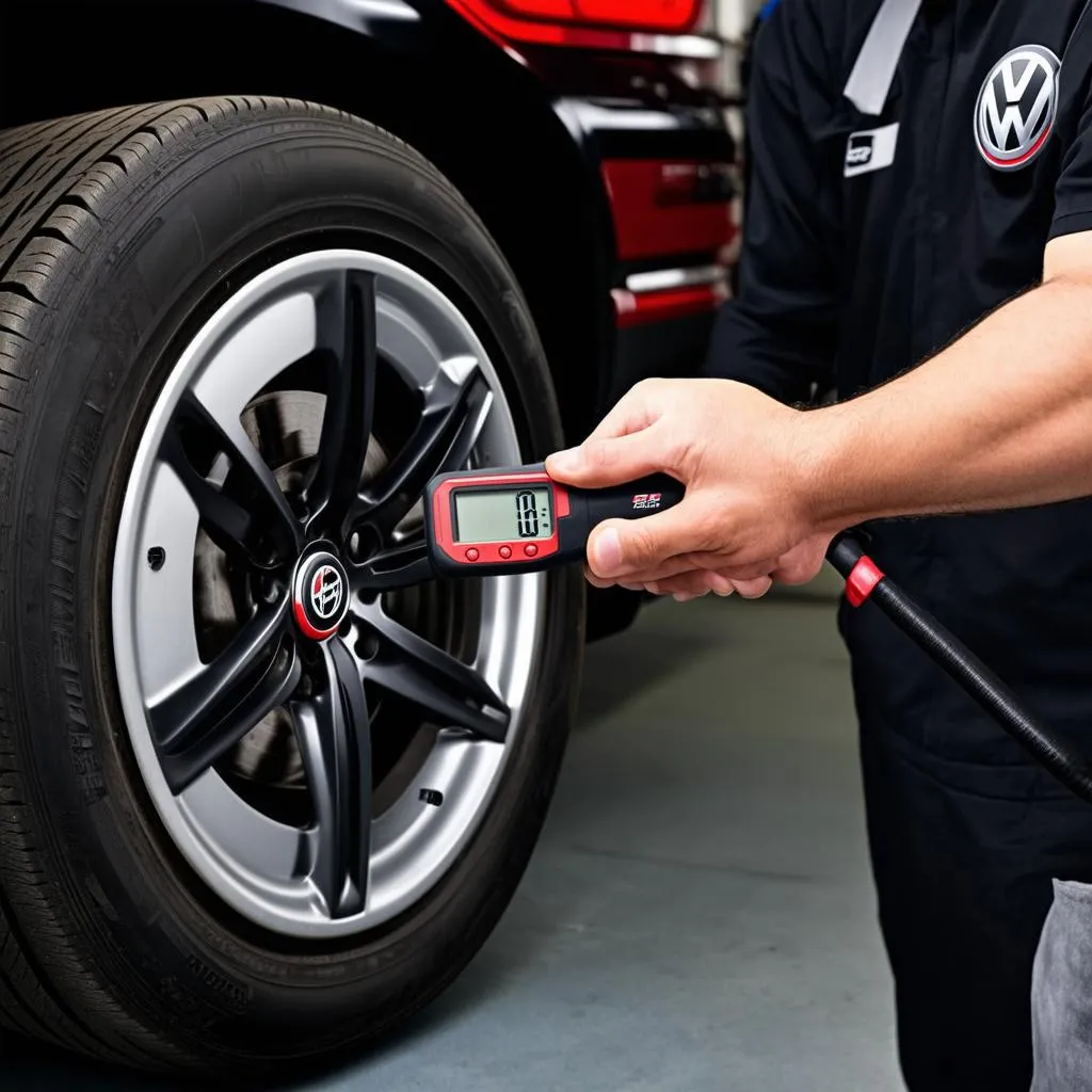 Mechanic using a digital tool to adjust tire pressure