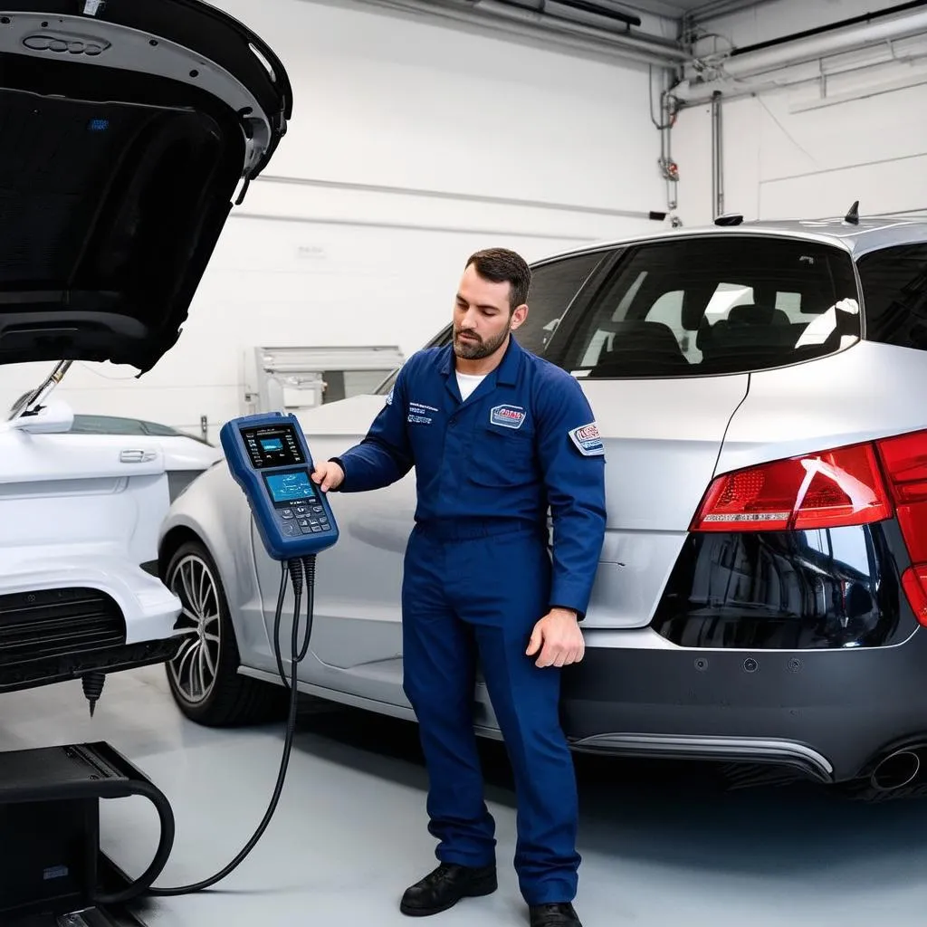 Mechanic Using Diagnostic Tool on Audi