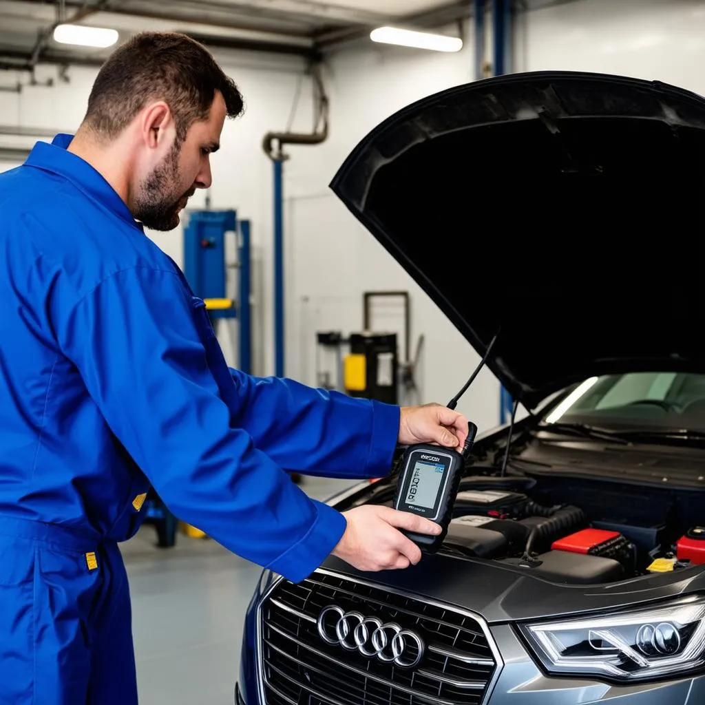 Mechanic Using Diagnostic Tool on Audi