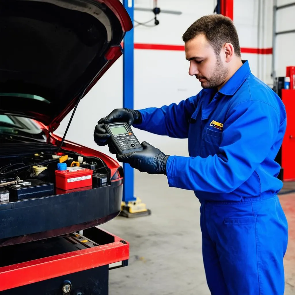 Mechanic Checking Car Battery with Digital Multimeter