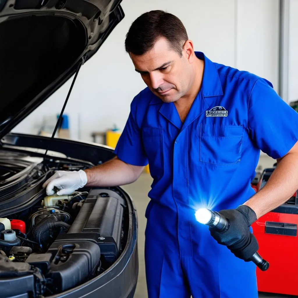 A mechanic inspecting a car engine with a flashlight