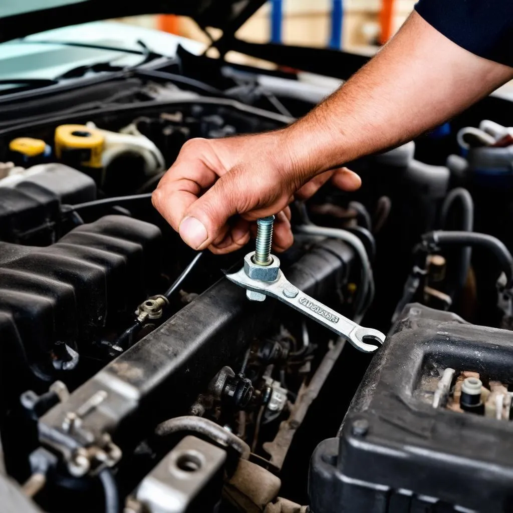 Mechanic inspecting the engine bay of a car