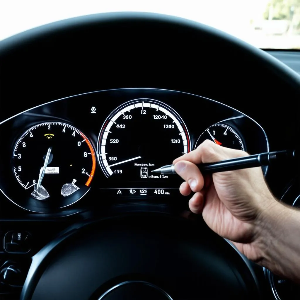 A mechanic examines the dashboard of a Mercedes-Benz for the &quot;Check Engine Light.&quot;