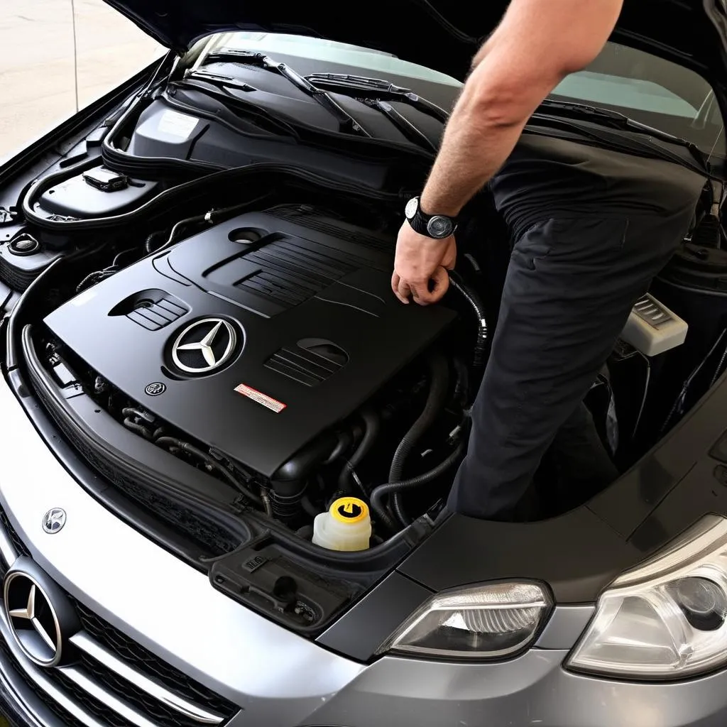 Mechanic Checking Under the Hood of a Mercedes ML320