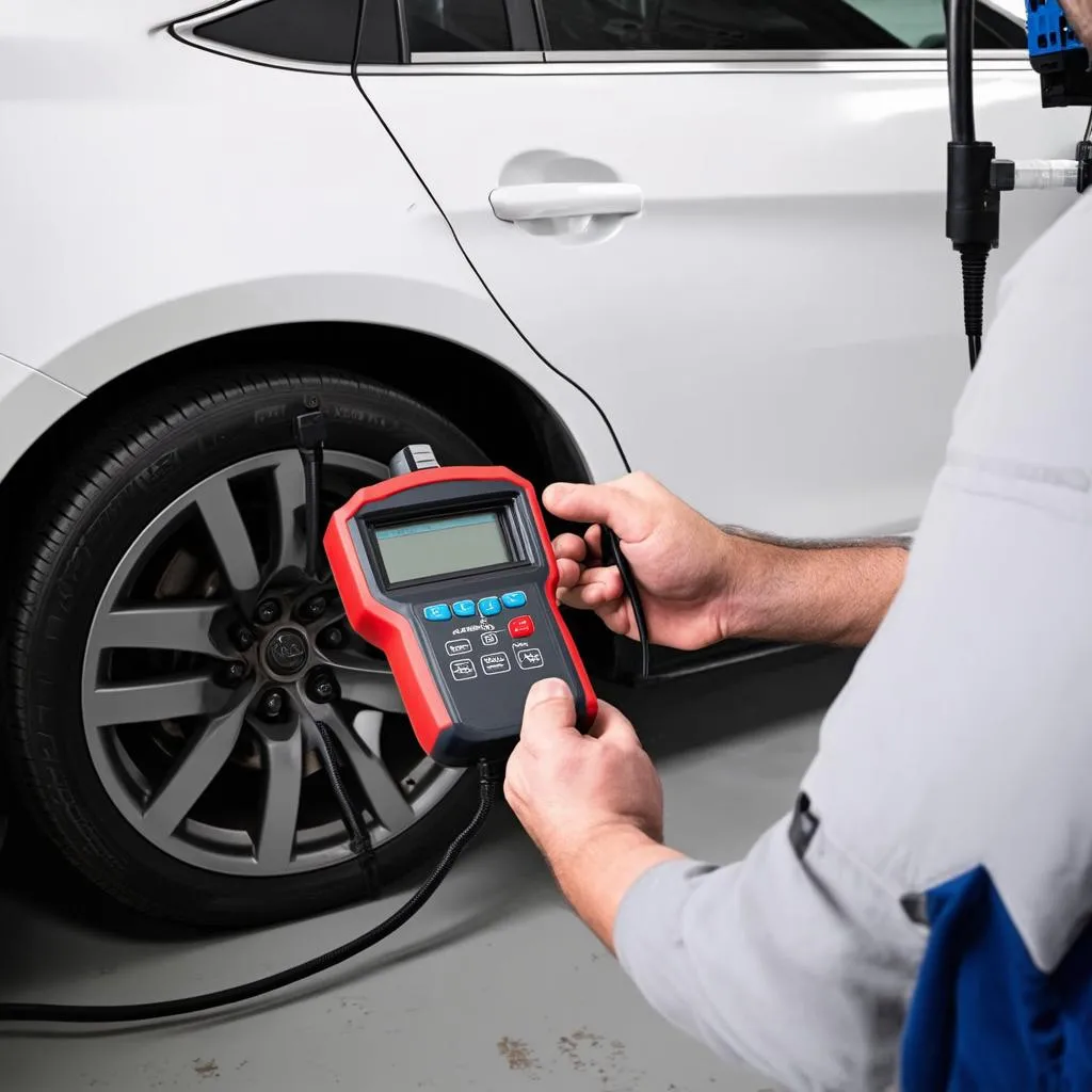 Mechanic connecting a car diagnostic tool