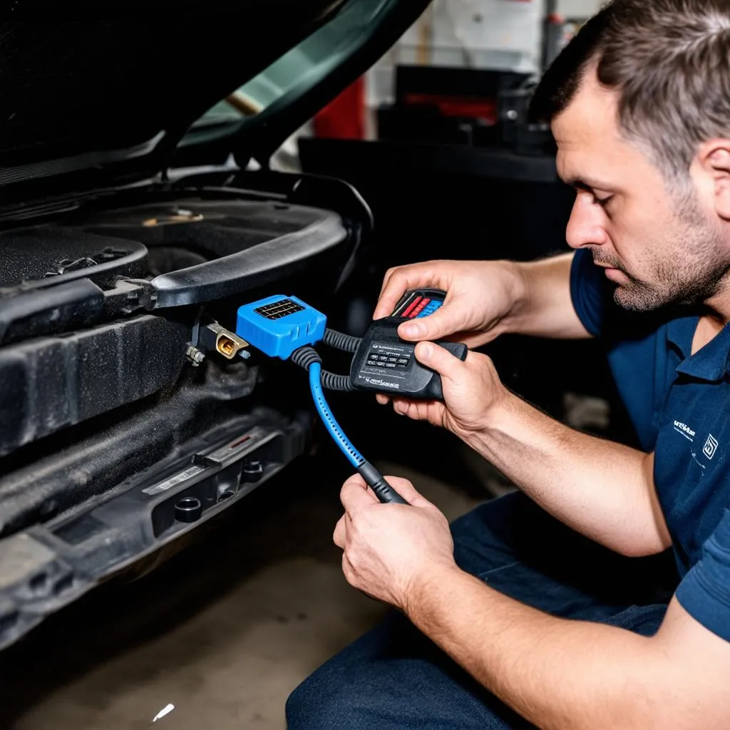 Mechanic connecting a VCDS cable to a car's OBD-II port