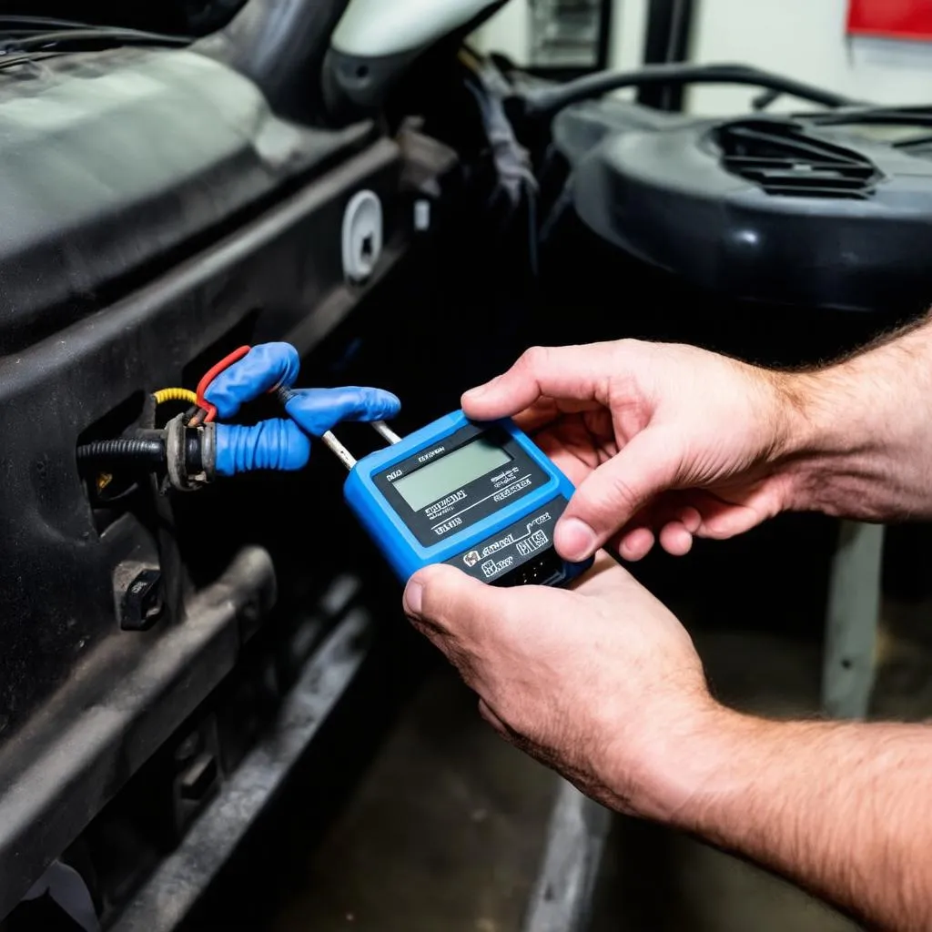 Mechanic using diagnostic tool