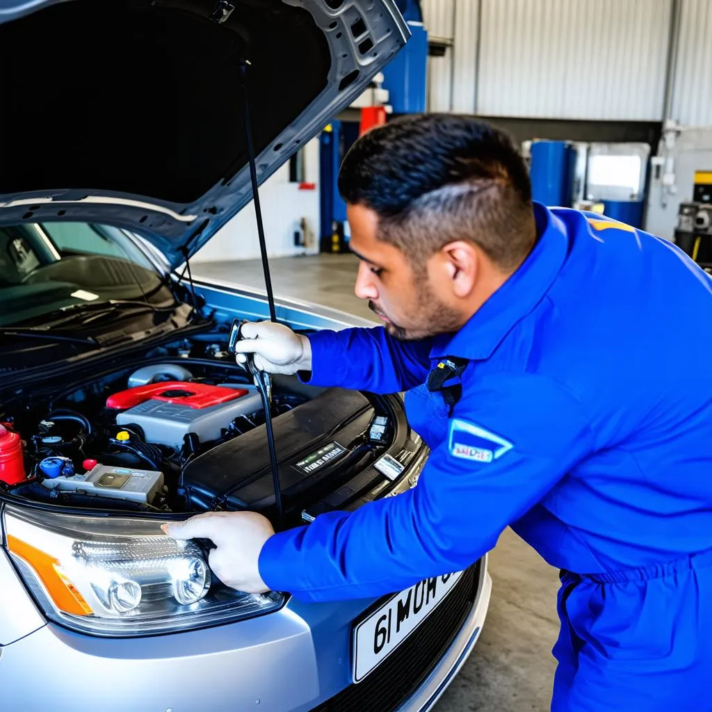 Mechanic diagnosing car with a diagnostic tool