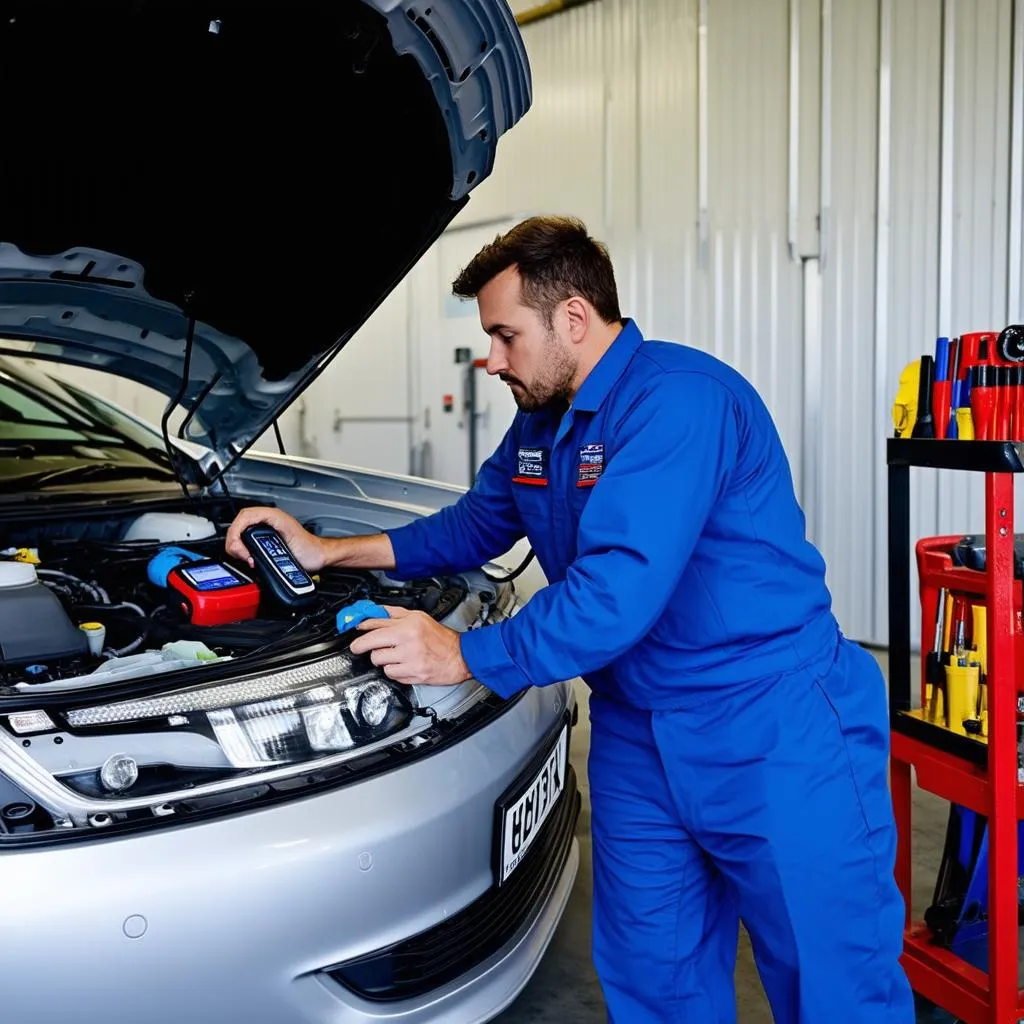 Mechanic diagnosing a car