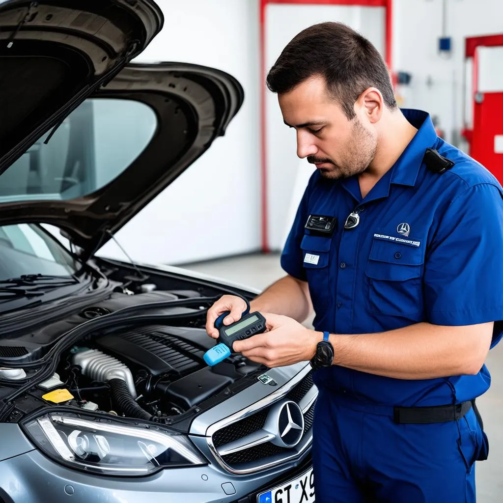 Car mechanic inspecting a car engine