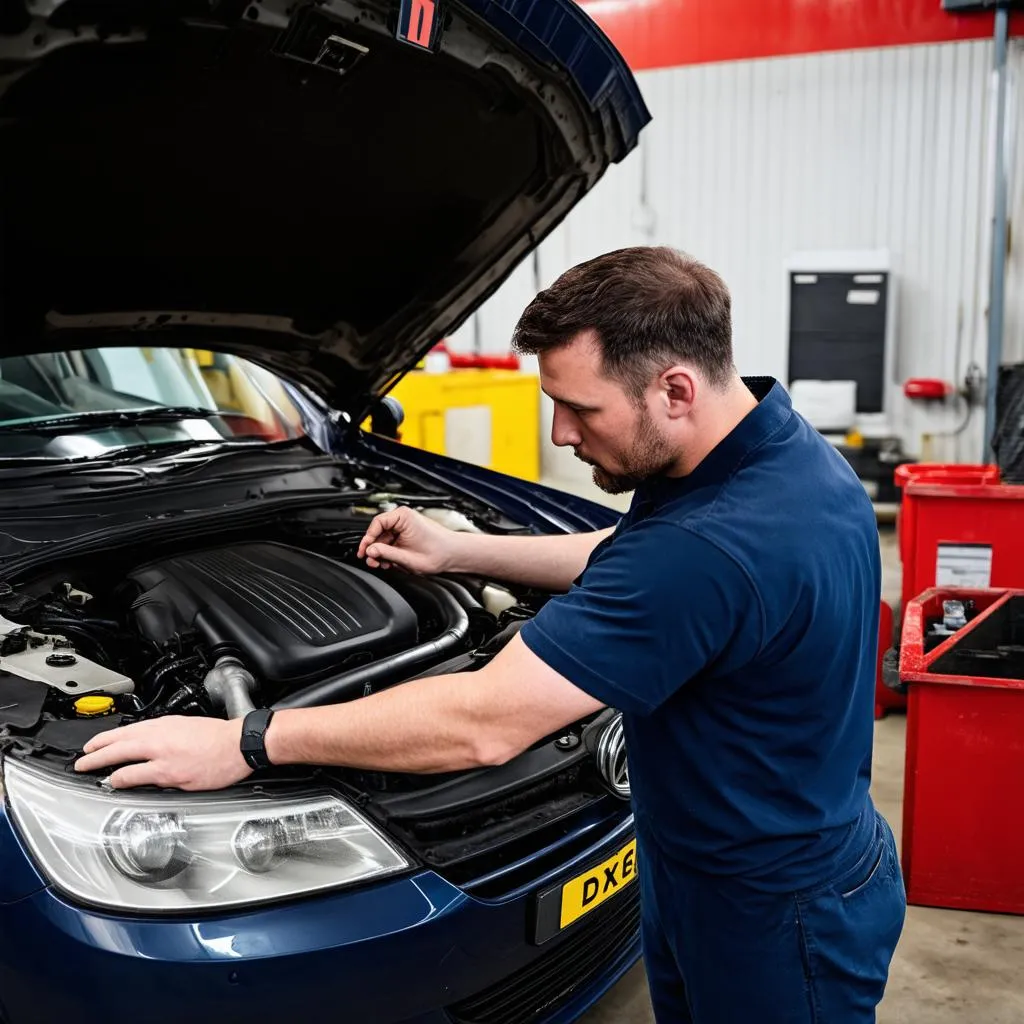 Mechanic inspecting car engine