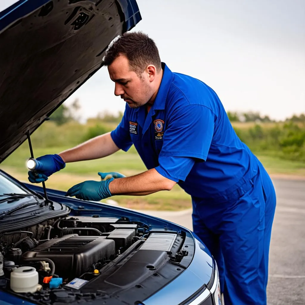 Mechanic inspecting car engine for EVAP system issues