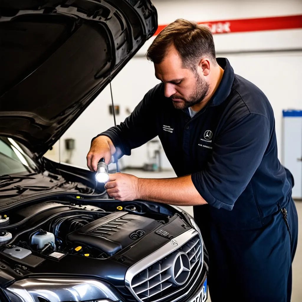 Mechanic Inspecting Mercedes Engine