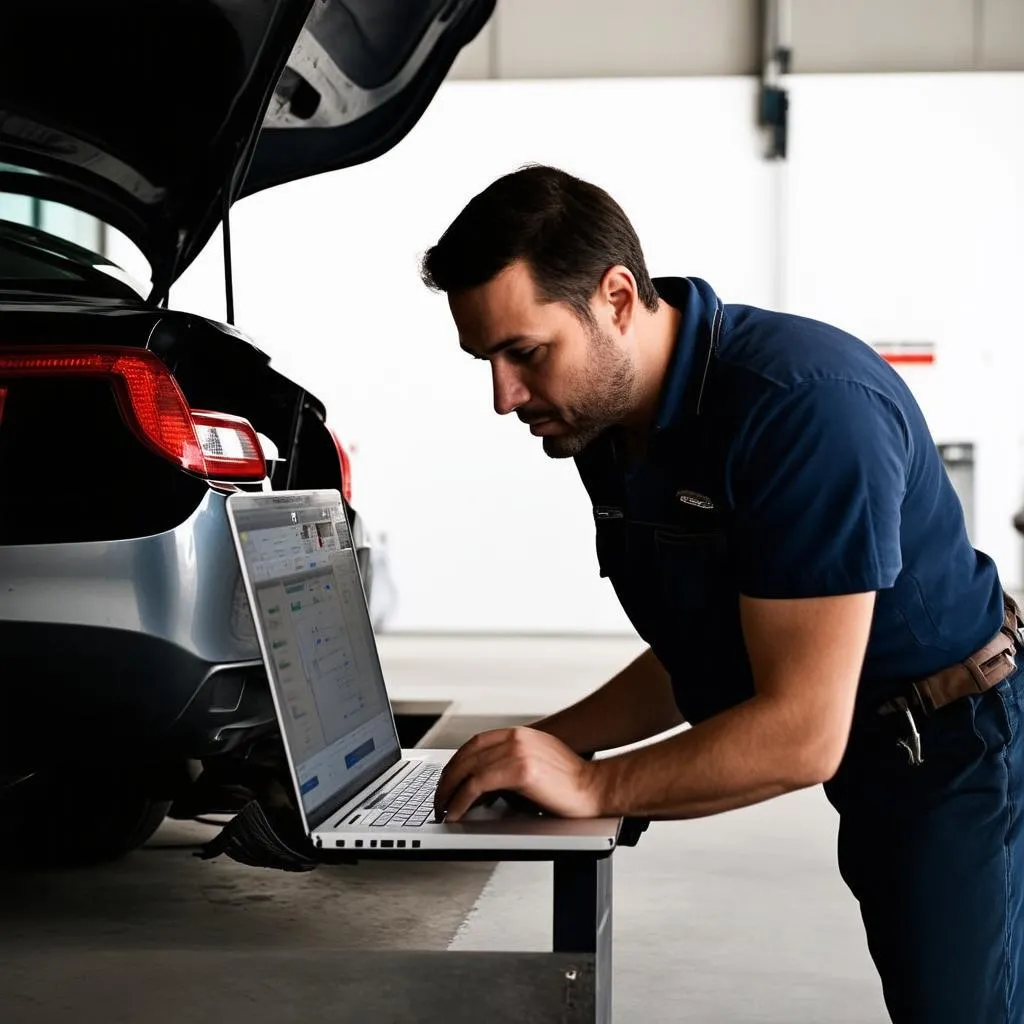 Mechanic with Laptop plugged into a car