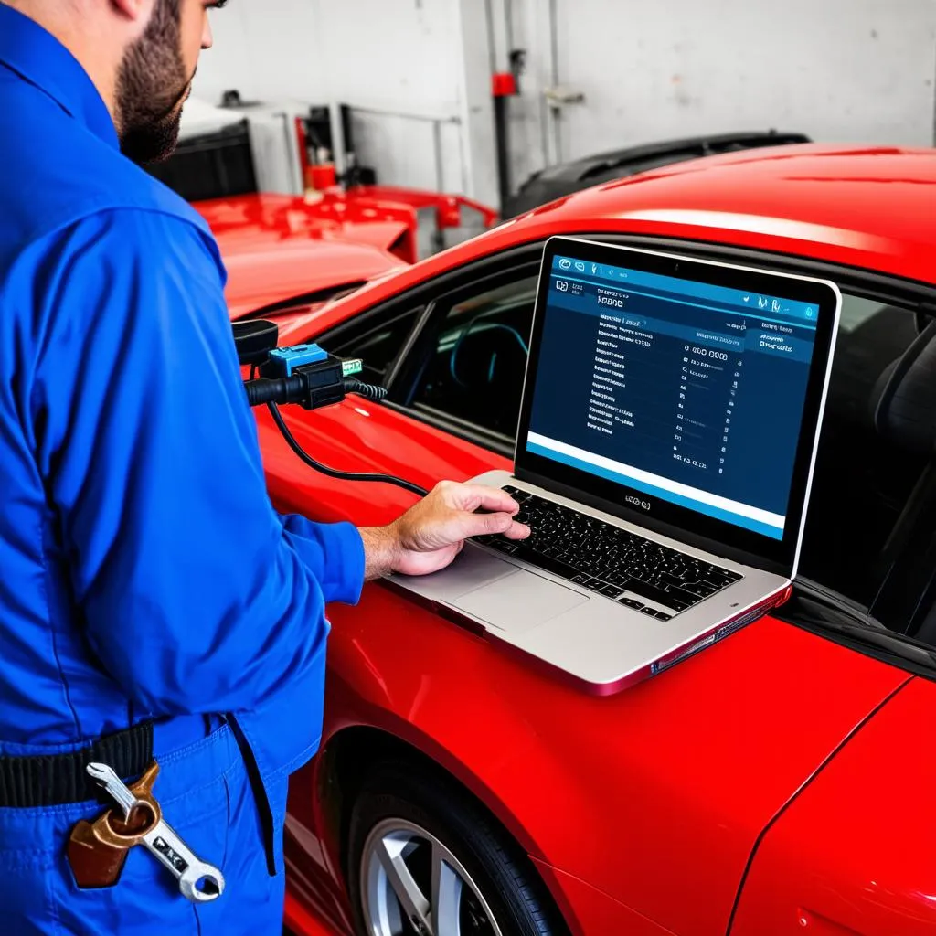 Mechanic using a laptop to diagnose a car