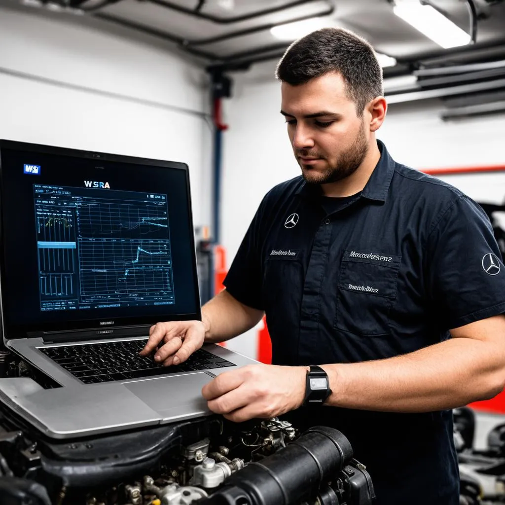 Mechanic working on Mercedes engine