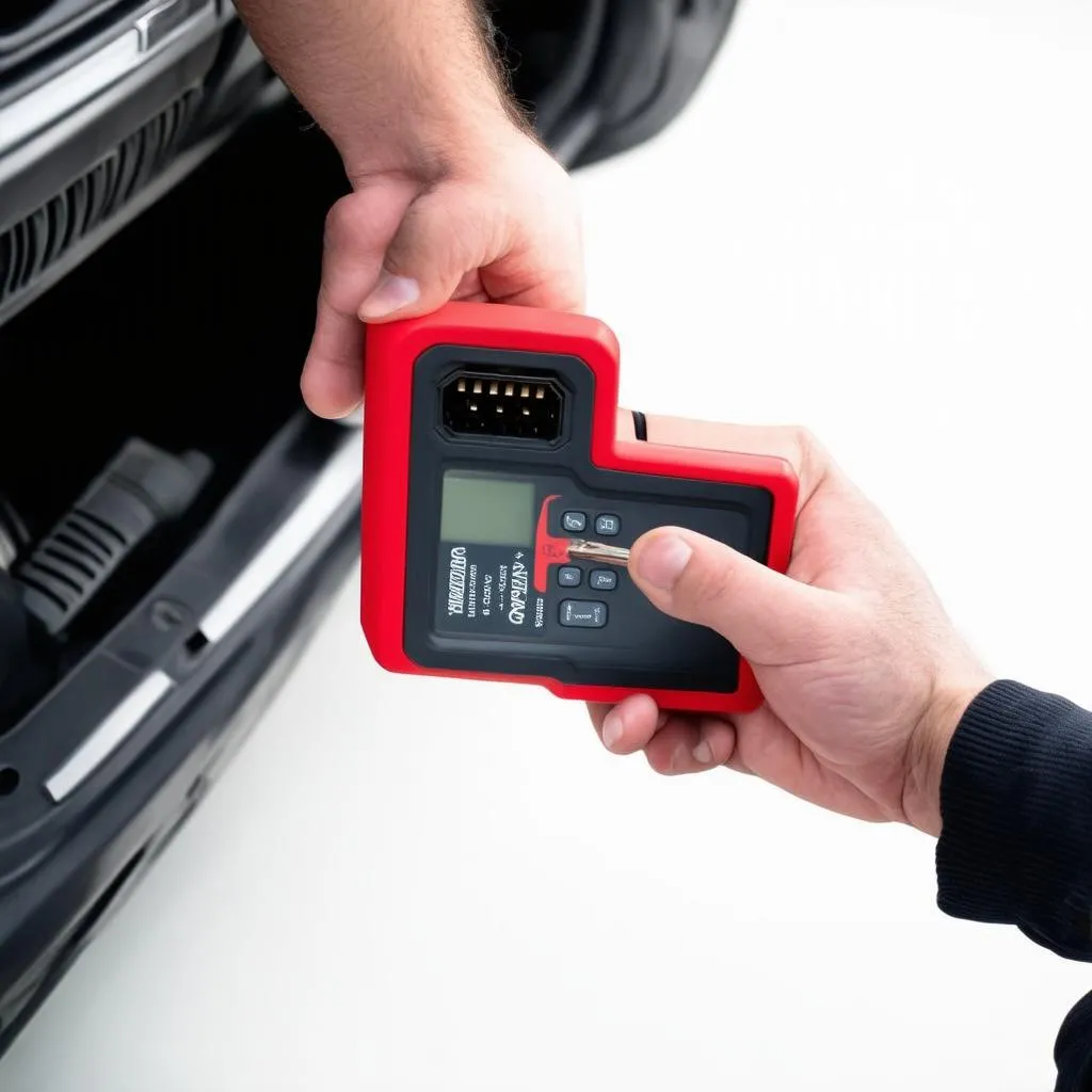 A mechanic using a diagnostic tool on an Audi B8