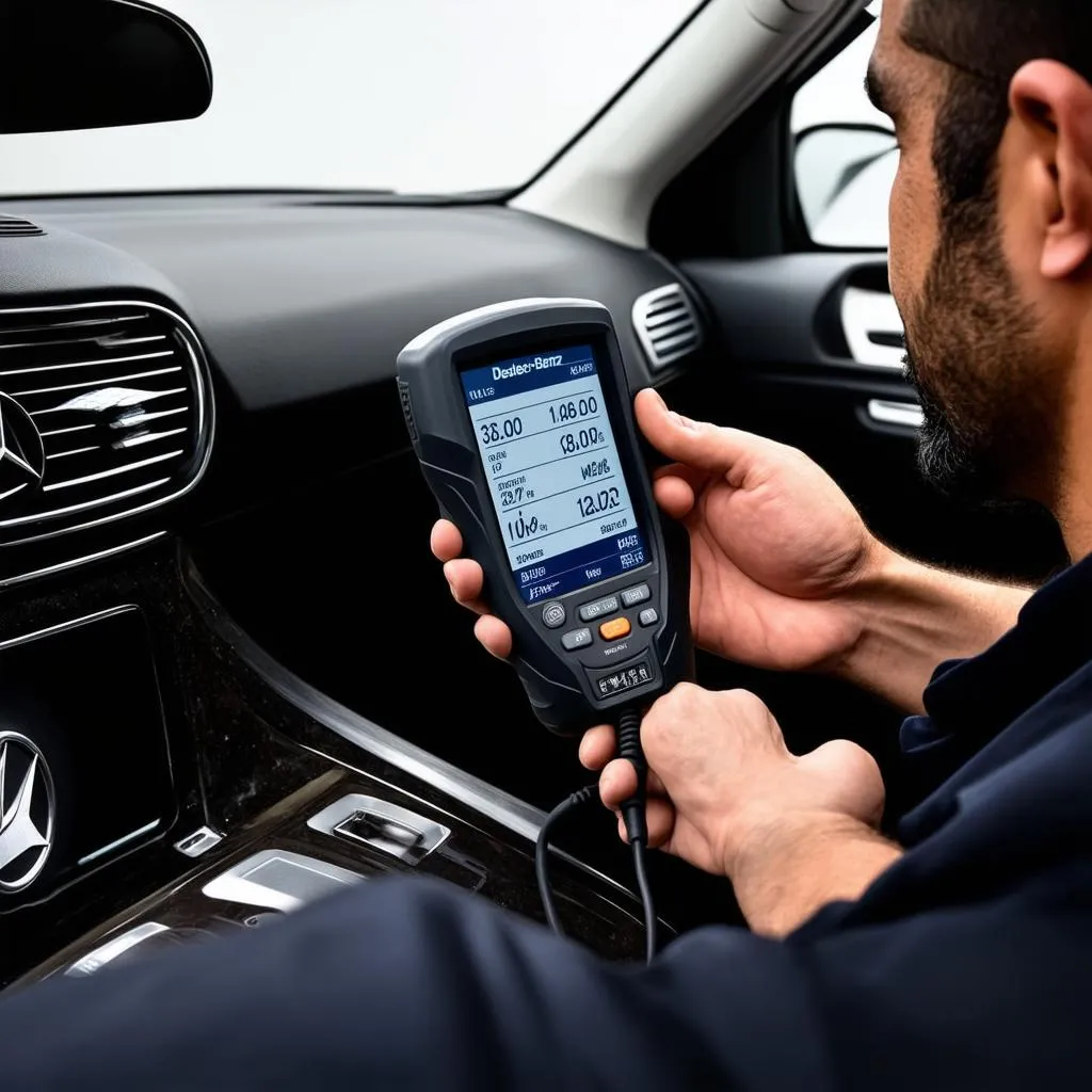 Mechanic Using Dealer Scanner on Mercedes