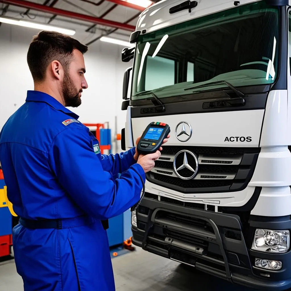 Mechanic using diagnostic scanner on Mercedes Actros