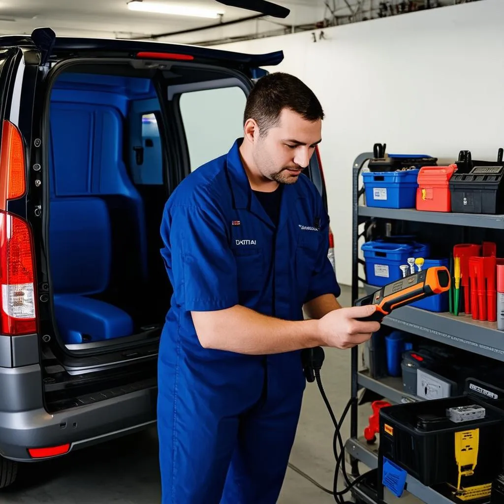 Mechanic Using Diagnostic Scanner on Mercedes Vito