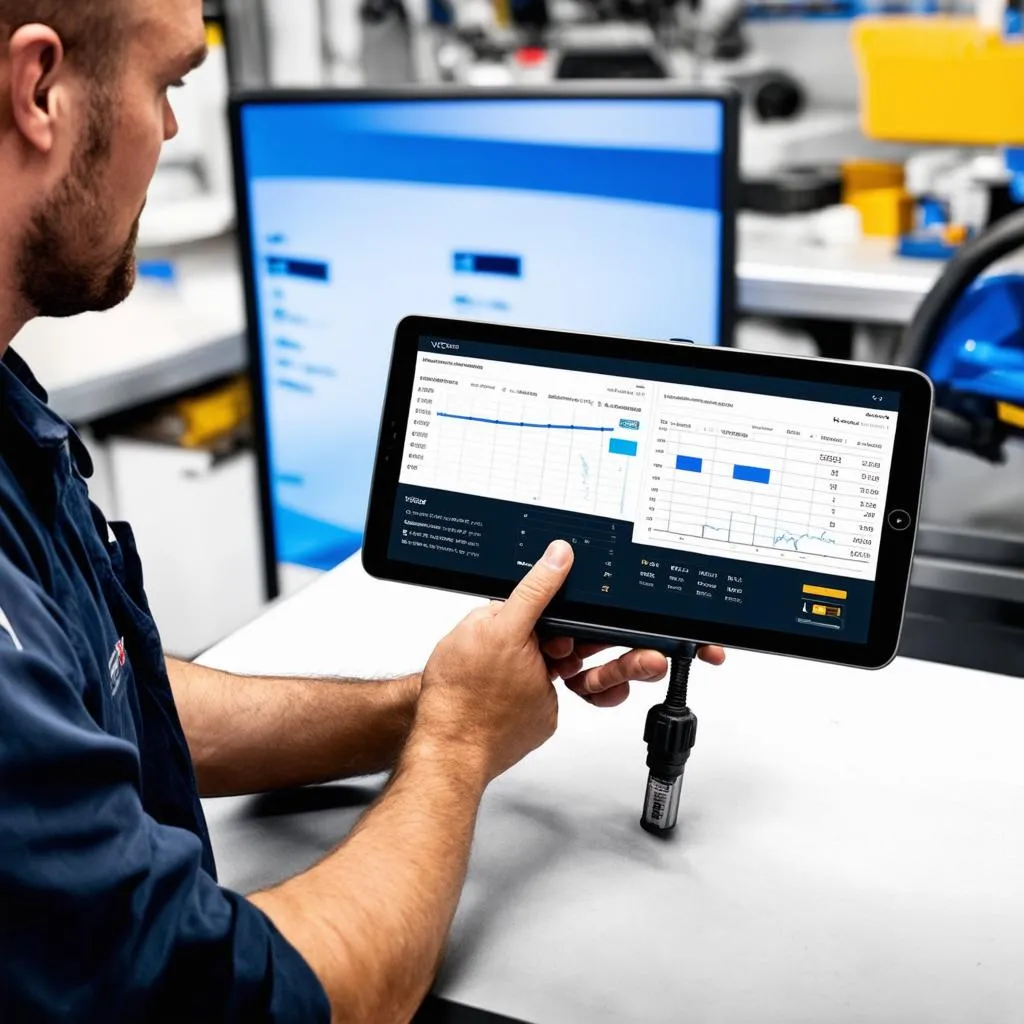 Mechanic Using Diagnostic Software on Tablet