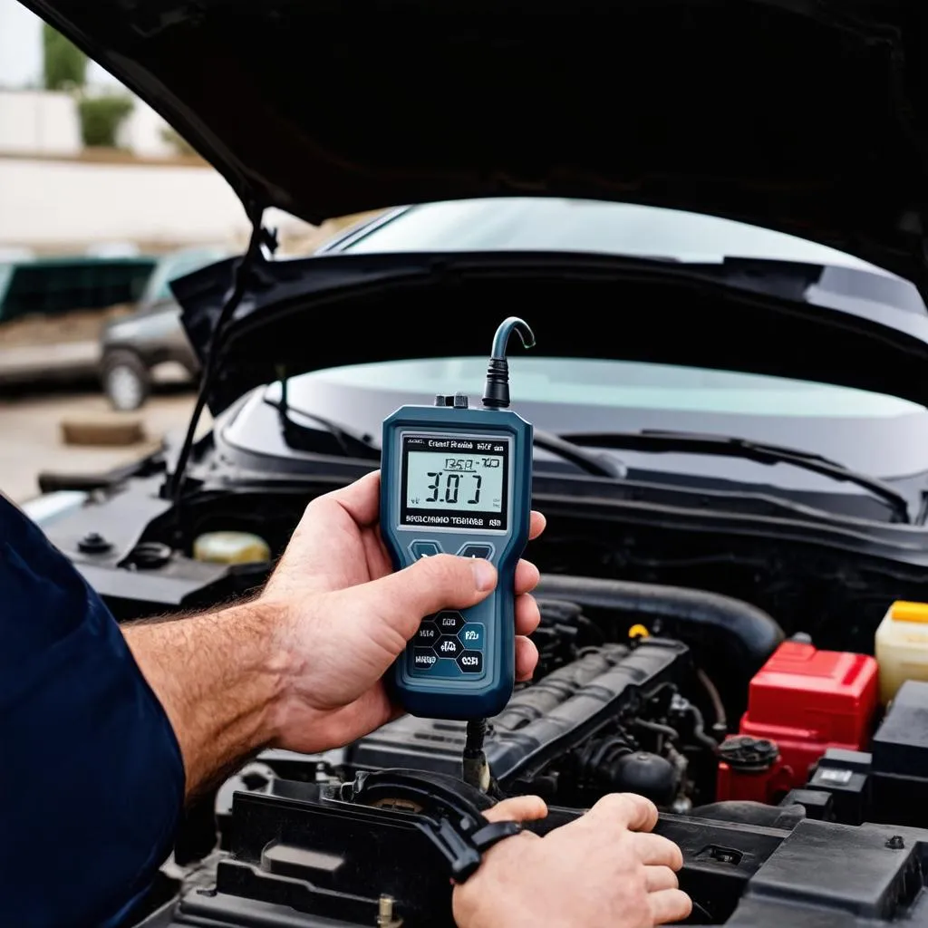 Mechanic using diagnostic tool