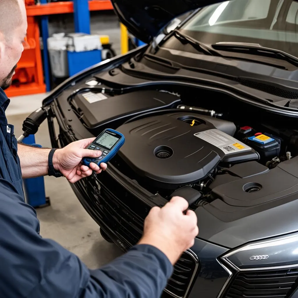 Mechanic Using Diagnostic Tool on Audi