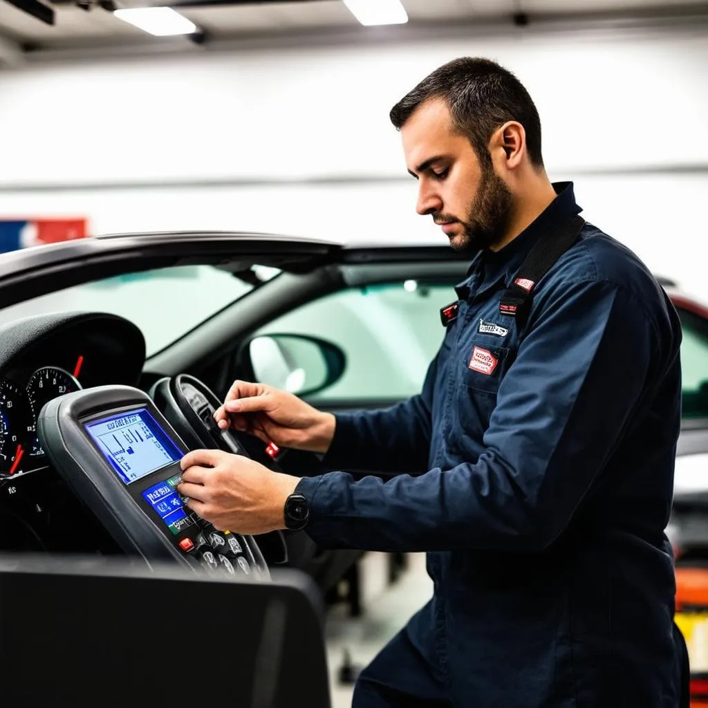 Mechanic using a diagnostic tool