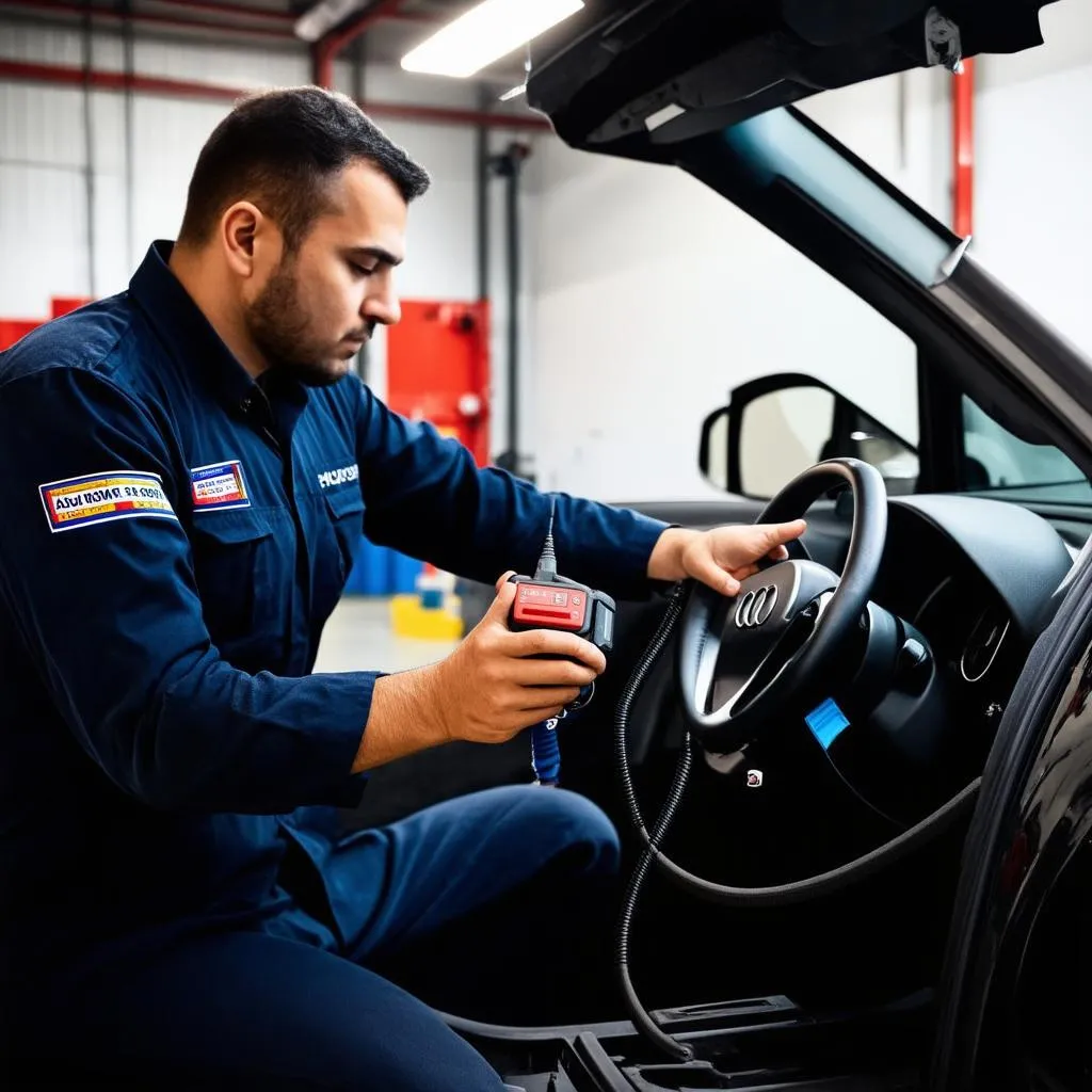 Mechanic using a diagnostic tool